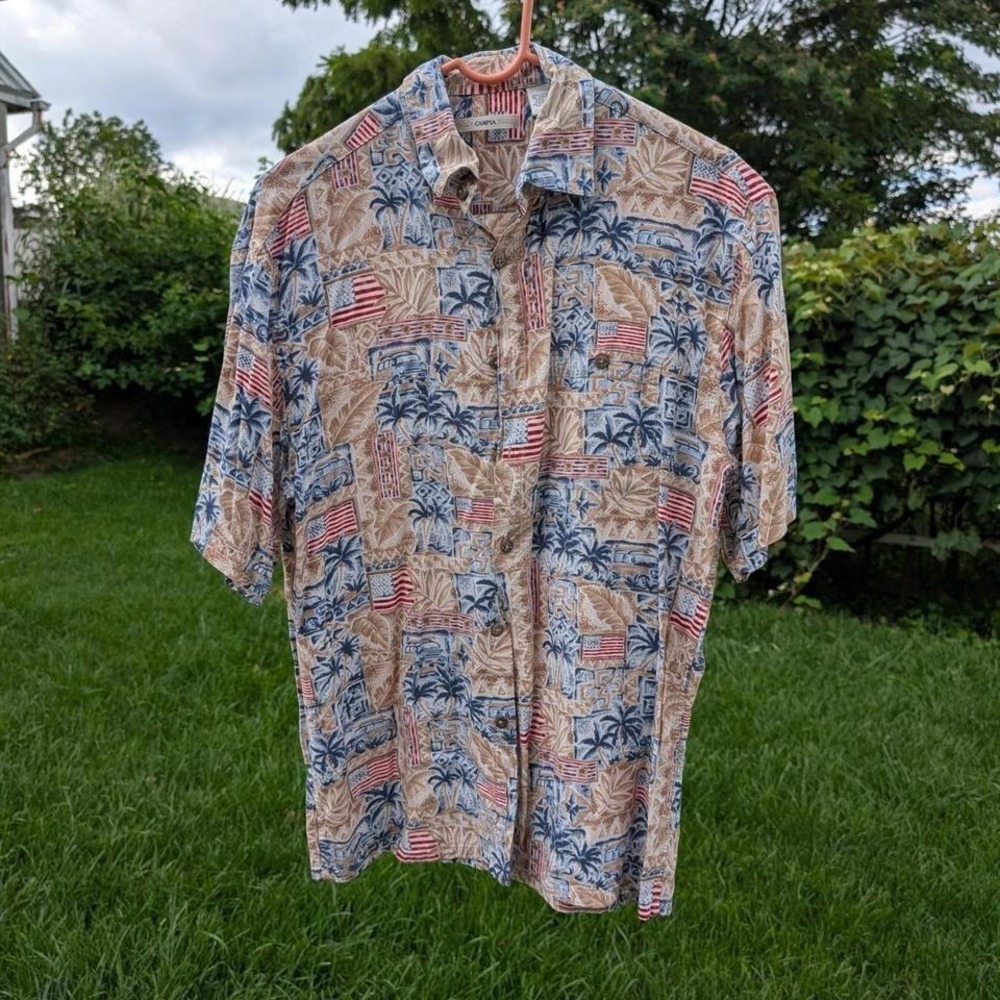 Moda Campia Mens Short Sleeve Rayon Americana Flag‎ Palm Tree Shirt Medium